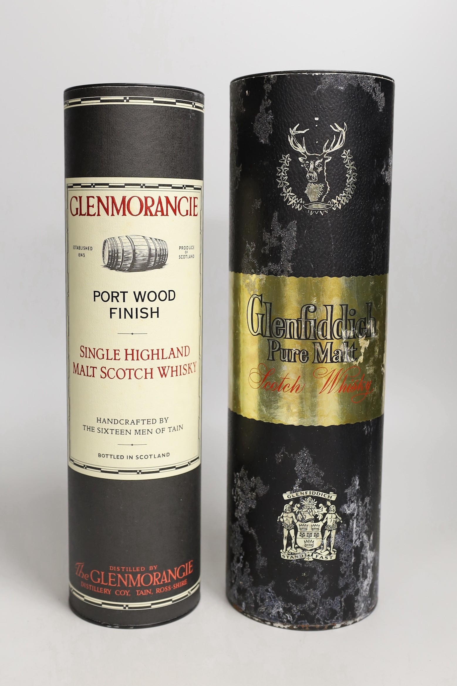 A cased 70cl bottle of Glenmorangie Port Wood Finish Single Malt Scotch Whisky, together with a 94.5cl bottle of Glenfiddich pure malt scotch whisky